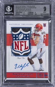 2018 Panini National Treasures Rookie Patch Auto (RPA) Platinum NFL Shield #161 Baker Mayfield Signed Rookie NFL Shield Card (#1/1) - BGS MINT 9/BGS 9 